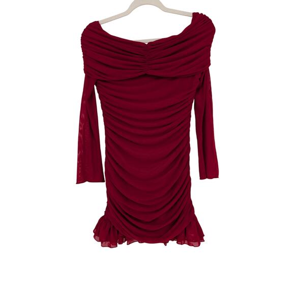 Womens Wine Red Off Shoulder Mesh Bodycon Ruffle Hem Ruched Sexy Mini Dress Med - Picture 10 of 10